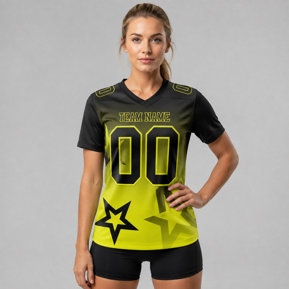 Custom Black and Neon Yellow Gradient Twinkle Star Authentic Football Jersey worn by female model