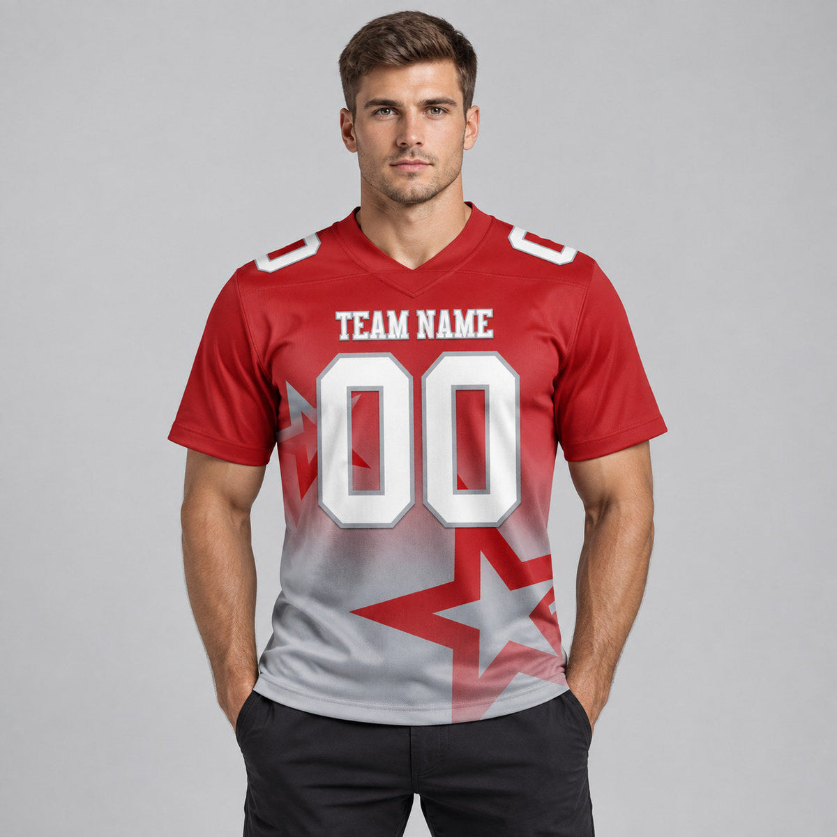 Custom Red Gradient Twinkle Star Authentic Football Jersey with White and Gray Lettering worn by male model