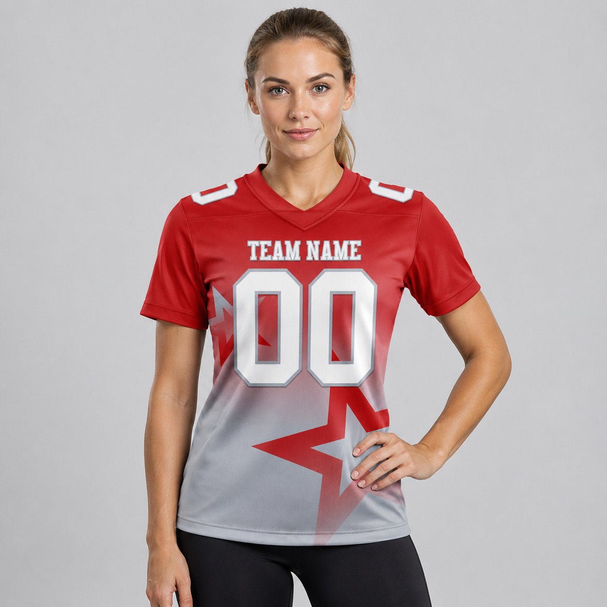 Custom Red Gradient Twinkle Star Authentic Football Jersey with White and Gray Lettering worn by female model