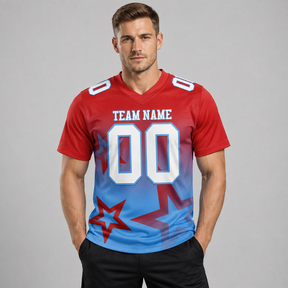 Custom Red Gradient Twinkle Star Authentic Football Jersey with White and Light Blue Lettering worn by male model