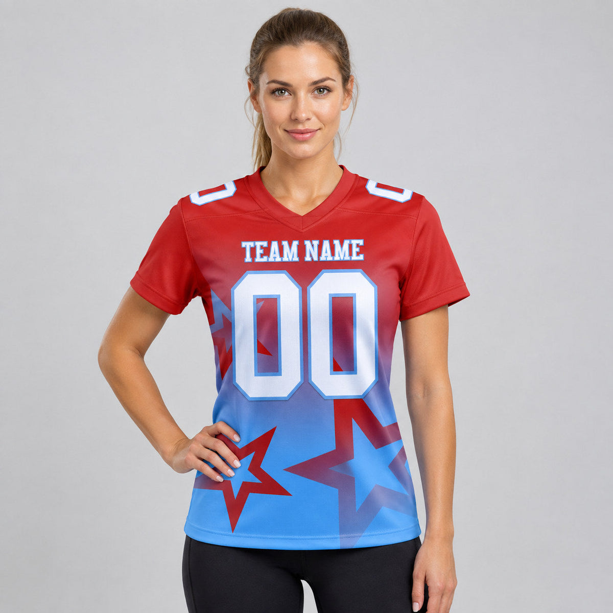 Custom Red Gradient Twinkle Star Authentic Football Jersey with White and Light Blue Lettering worn by female model