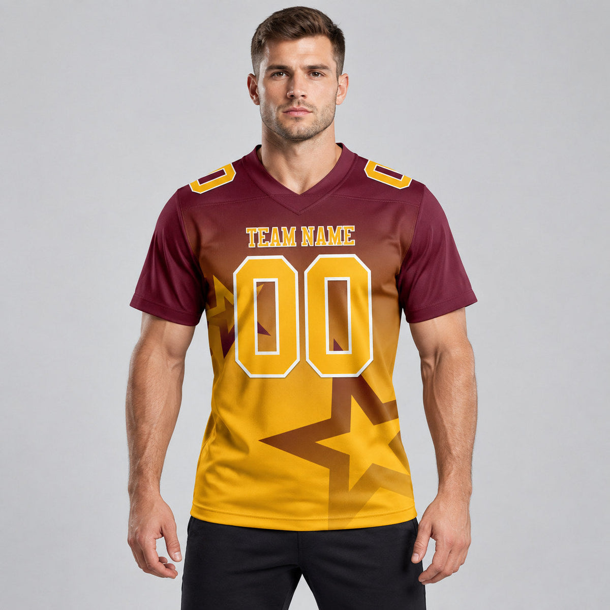 Custom Burgundy Gradient Twinkle Star Authentic Football Jersey with Gold and White Lettering worn by male model