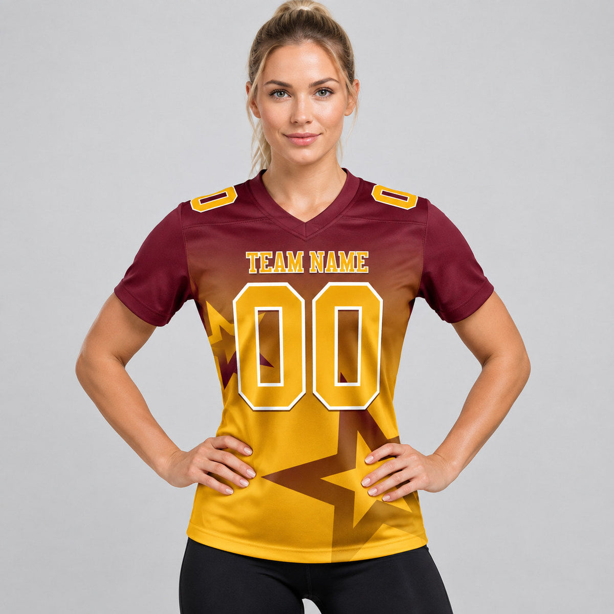 Custom Burgundy Gradient Twinkle Star Authentic Football Jersey with Gold and White Lettering worn by female model