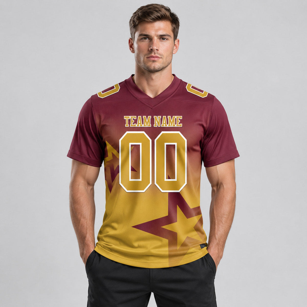 Custom Burgundy Gradient Twinkle Star Authentic Football Jersey with Old Gold and White Lettering worn by male model