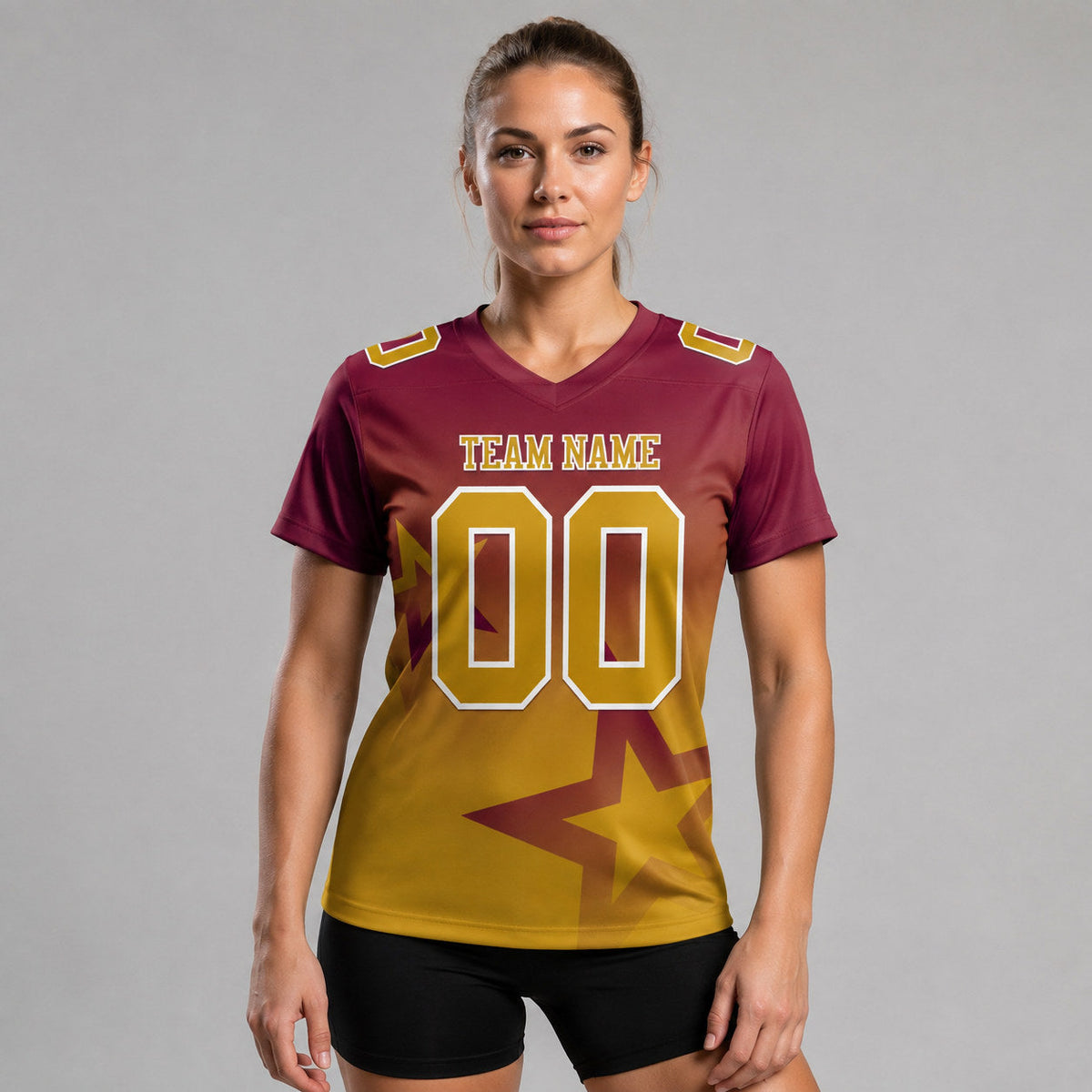 Custom Burgundy Gradient Twinkle Star Authentic Football Jersey with Old Gold and White Lettering worn by female model