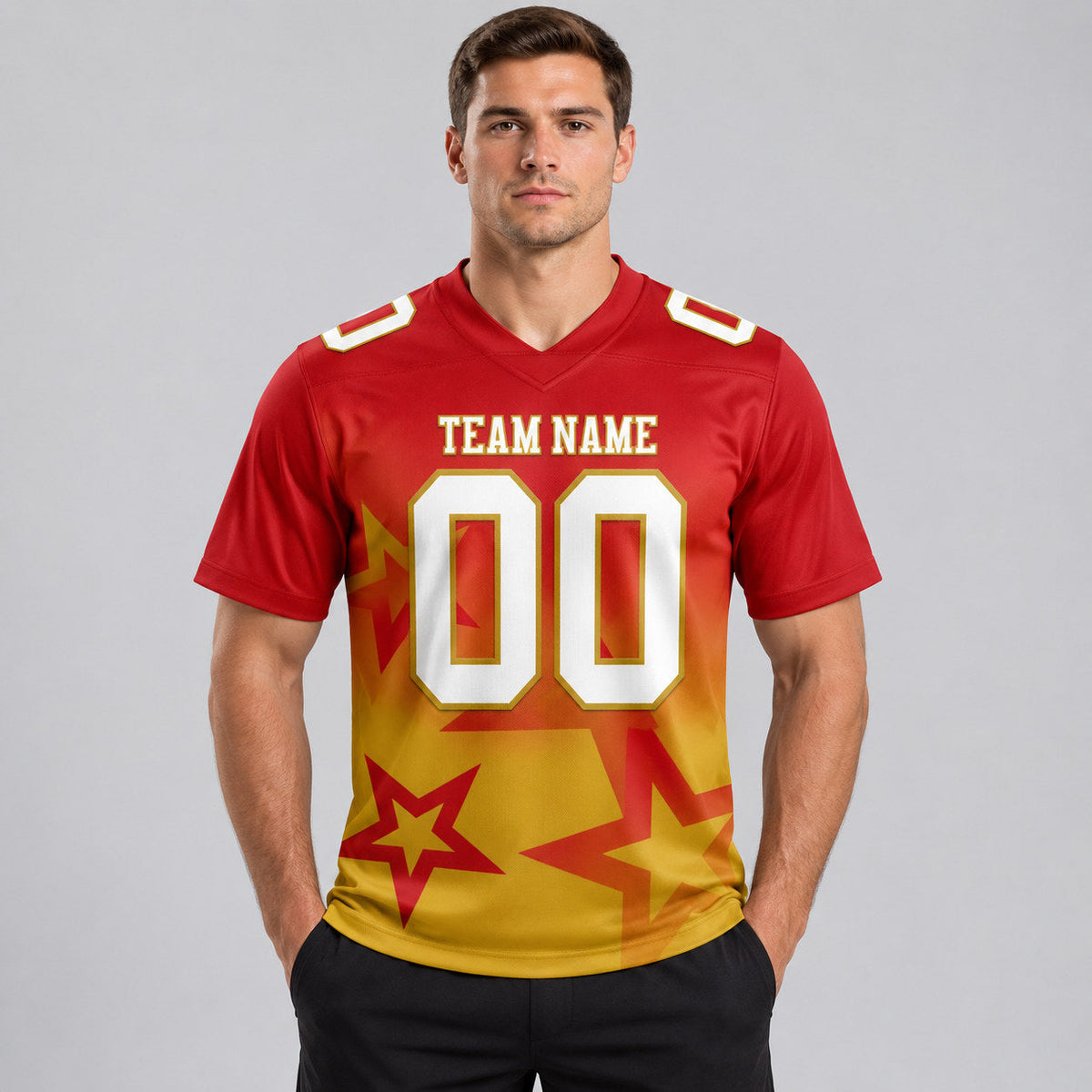 Custom Red Gradient Twinkle Star Authentic Football Jersey with White and Old Gold Lettering worn by male model