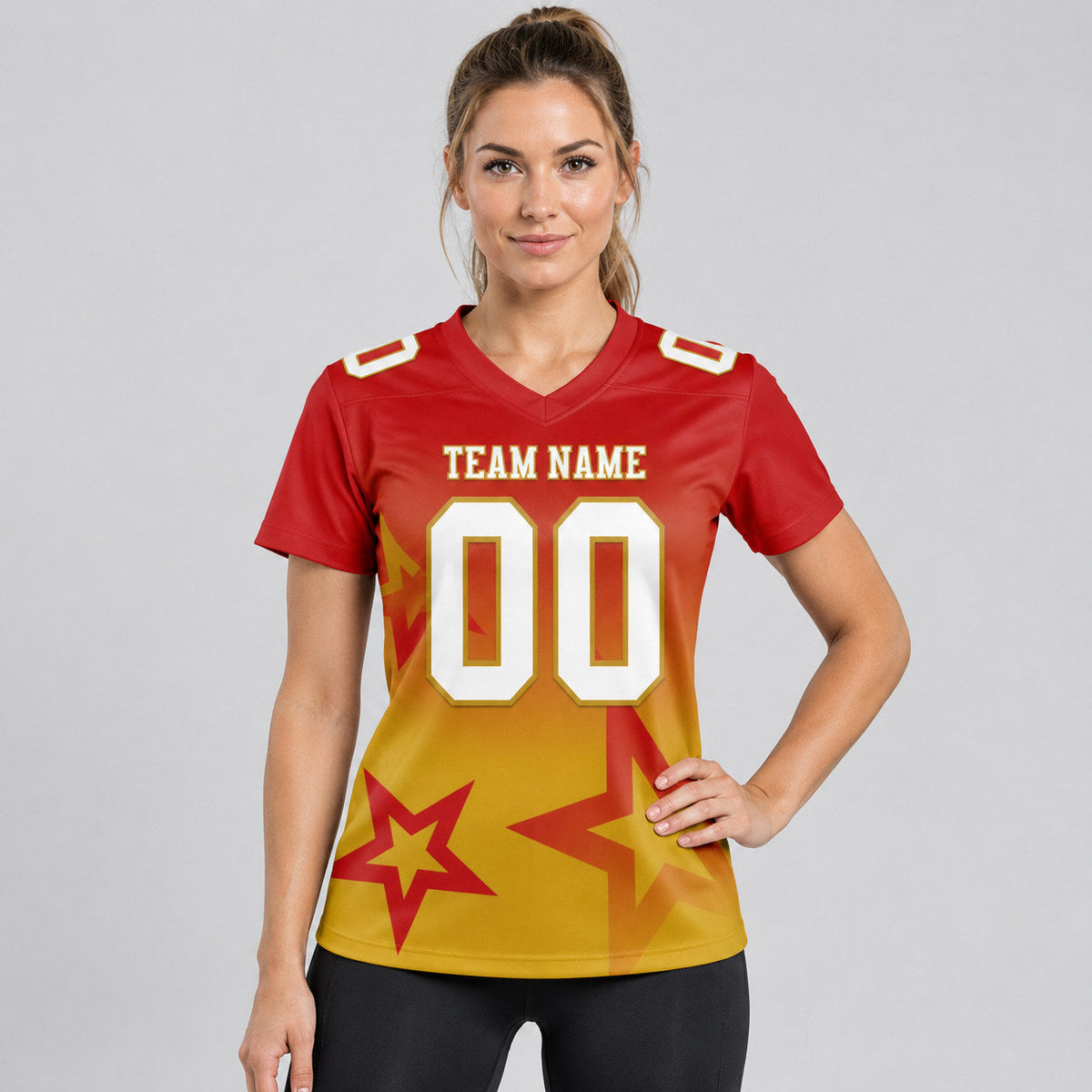 Custom Red Gradient Twinkle Star Authentic Football Jersey with White and Old Gold Lettering worn by female model