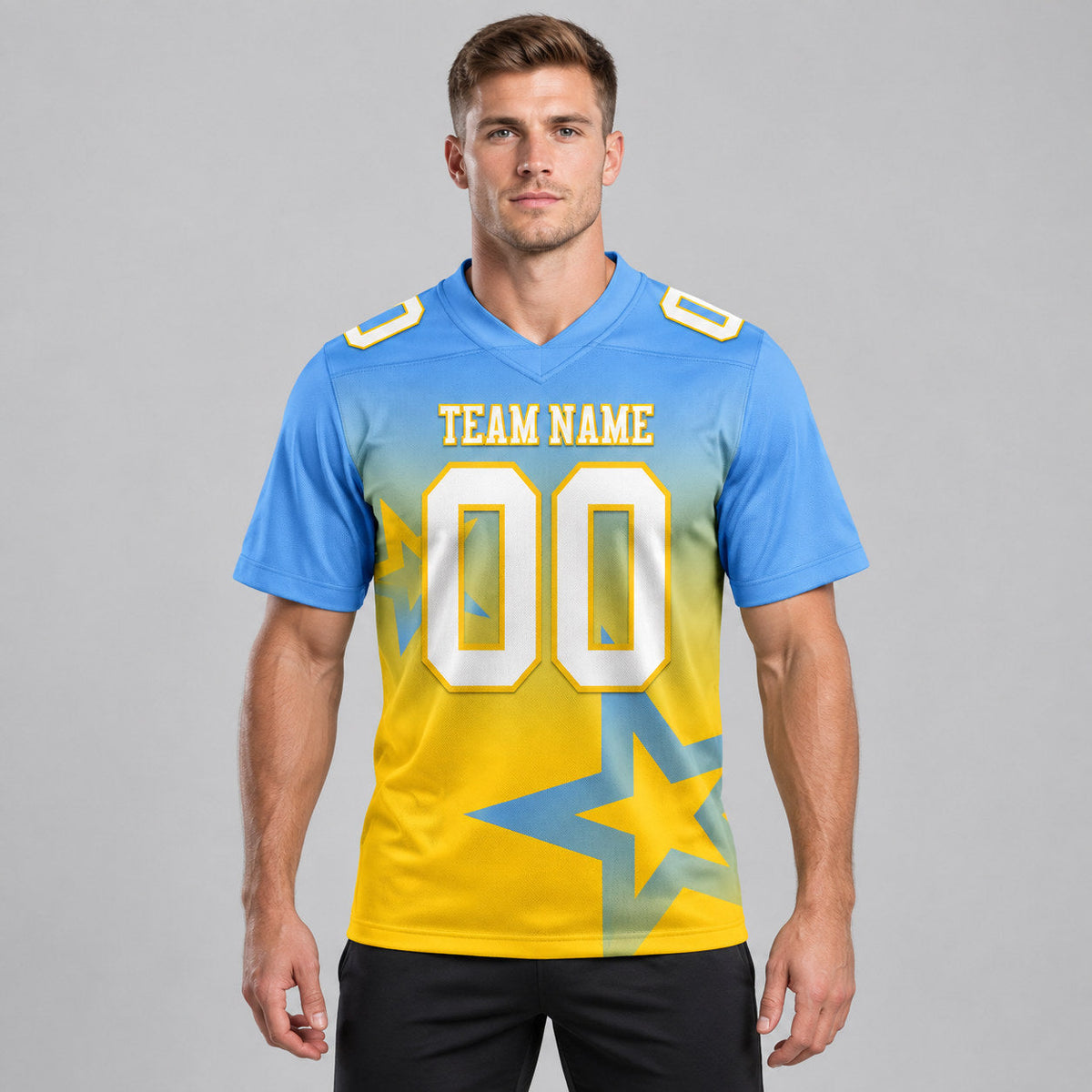 Custom Light Blue Gradient Twinkle Star Authentic Football Jersey with White and Yellow Lettering worn by male model