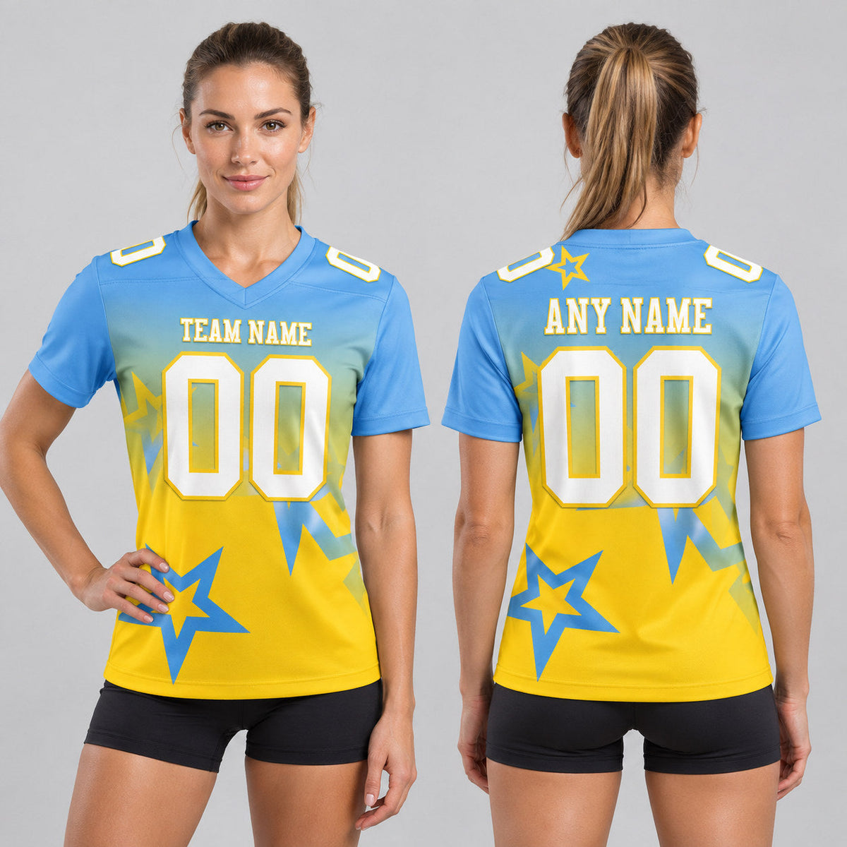 Custom Light Blue Gradient Twinkle Star Authentic Football Jersey with White and Yellow Lettering worn by female model