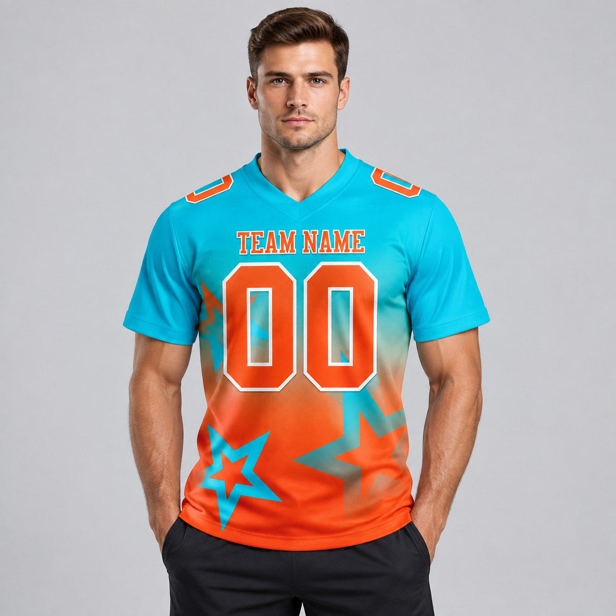 Custom Lakes Blue Gradient Twinkle Star Authentic Football Jersey with Orange and White Lettering worn by male model