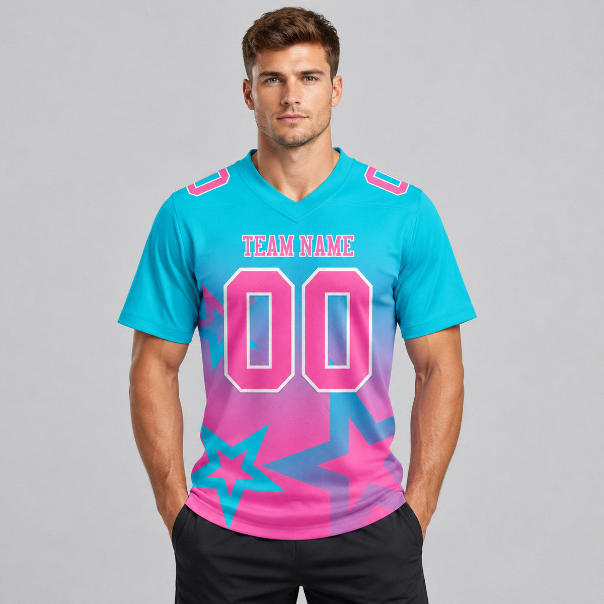 Custom Lakes Blue Gradient Twinkle Star Authentic Football Jersey with Pink and White Lettering worn by male model