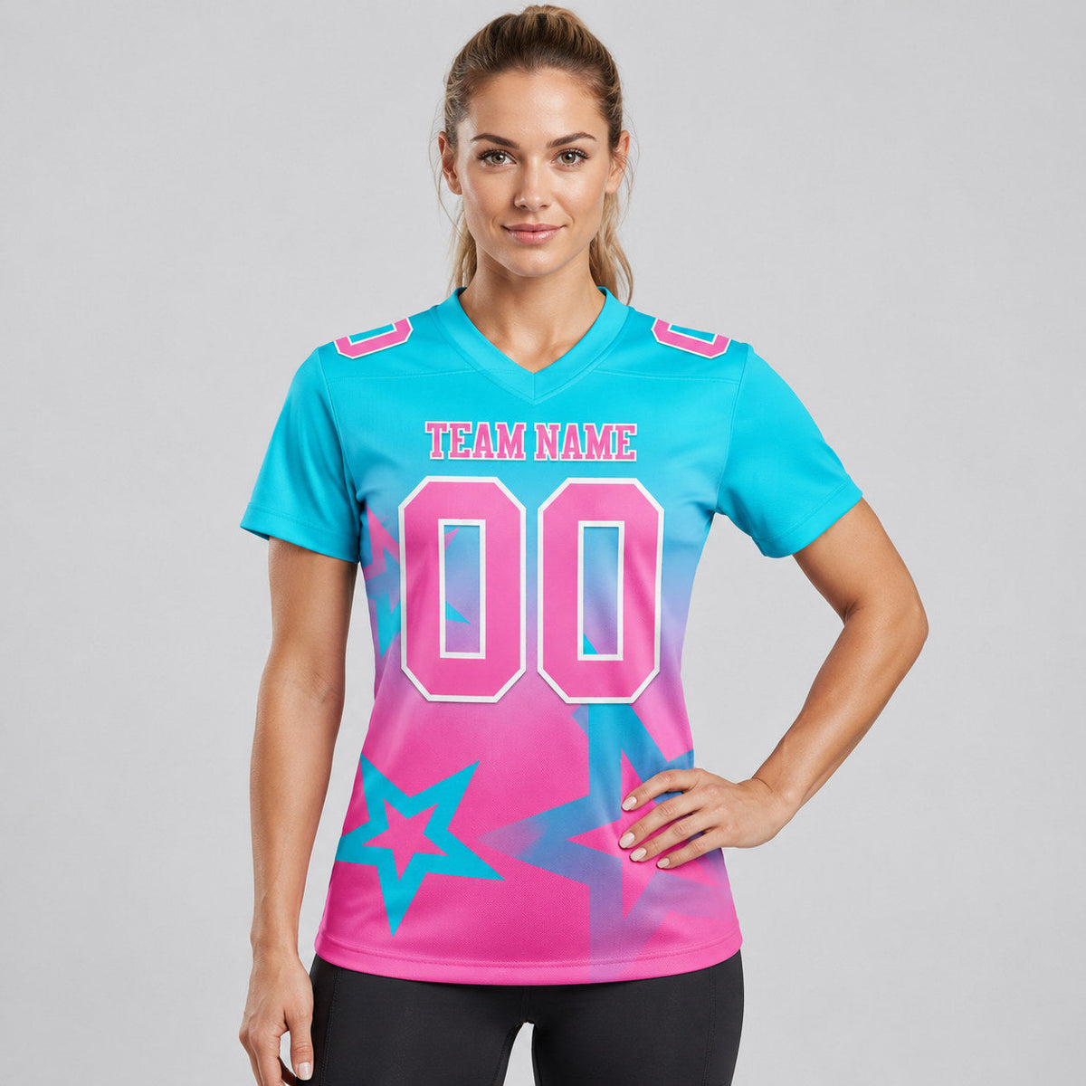 Custom Lakes Blue Gradient Twinkle Star Authentic Football Jersey with Pink and White Lettering worn by female model