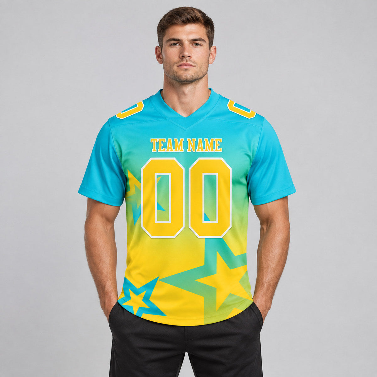 Custom Lakes Blue Gradient Twinkle Star Authentic Football Jersey with Yellow and White Lettering worn by male model