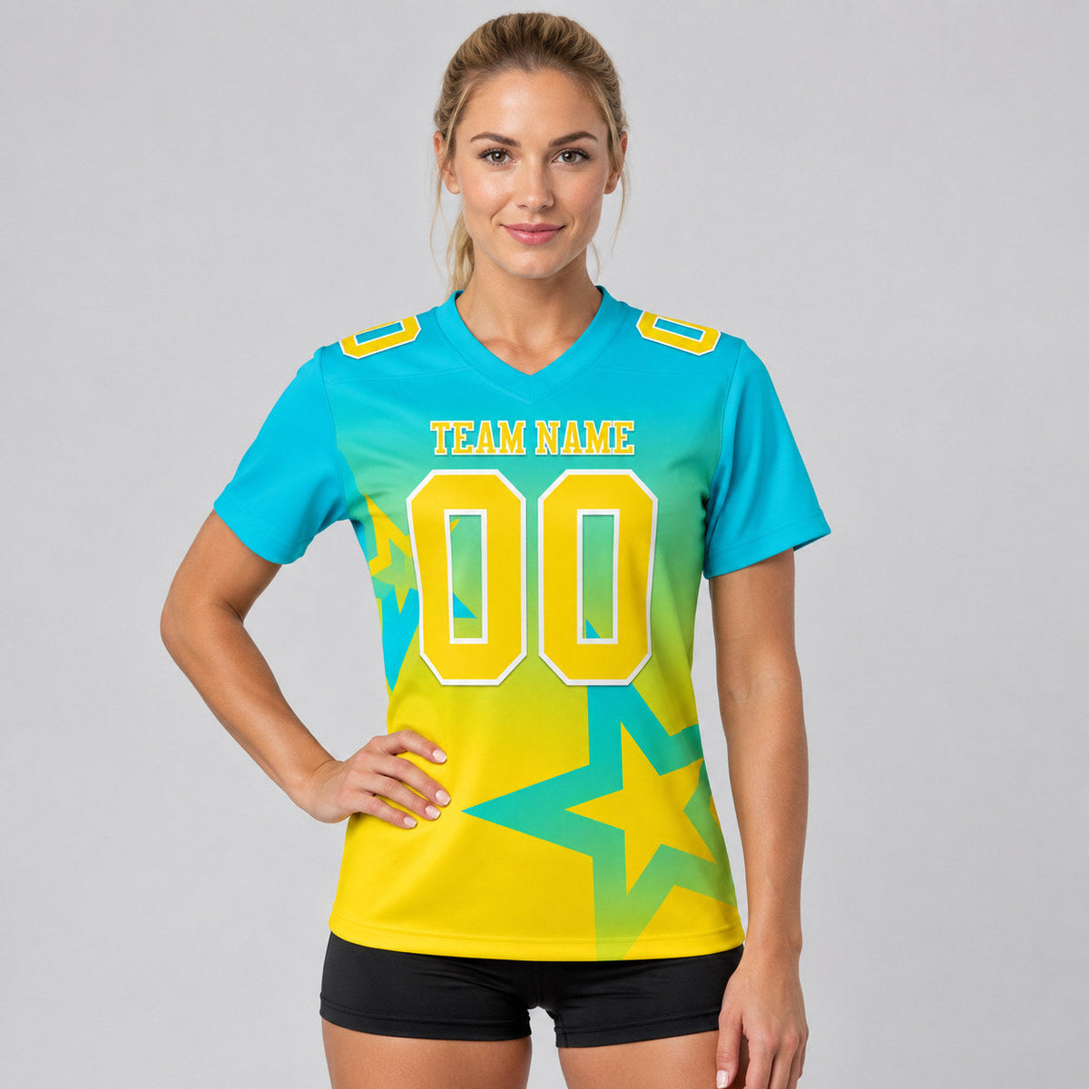 Custom Lakes Blue Gradient Twinkle Star Authentic Football Jersey with Yellow and White Lettering worn by female model