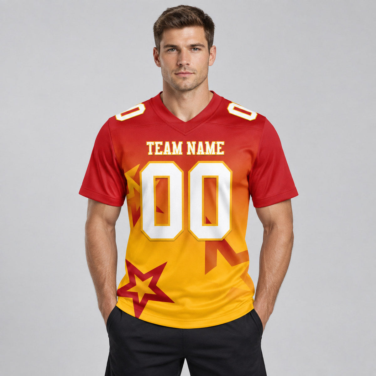 Custom Red Gradient Twinkle Star Authentic Football Jersey with White and Gold Lettering worn by male model