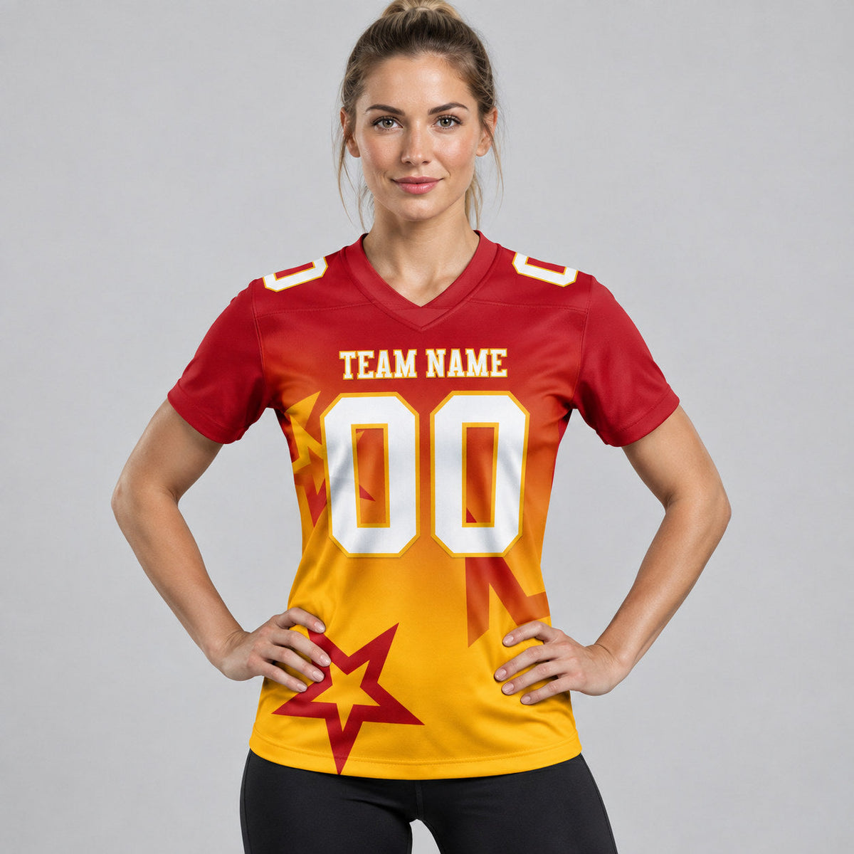 Custom Red Gradient Twinkle Star Authentic Football Jersey with White and Gold Lettering worn by female model