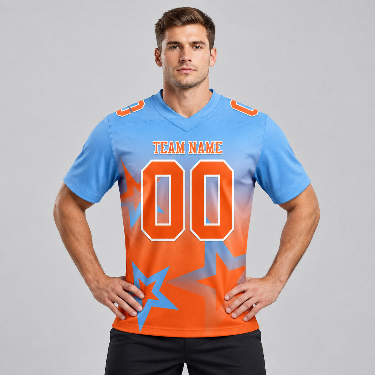 Custom Light Blue Gradient Twinkle Star Authentic Football Jersey with Orange and White Lettering worn by male model