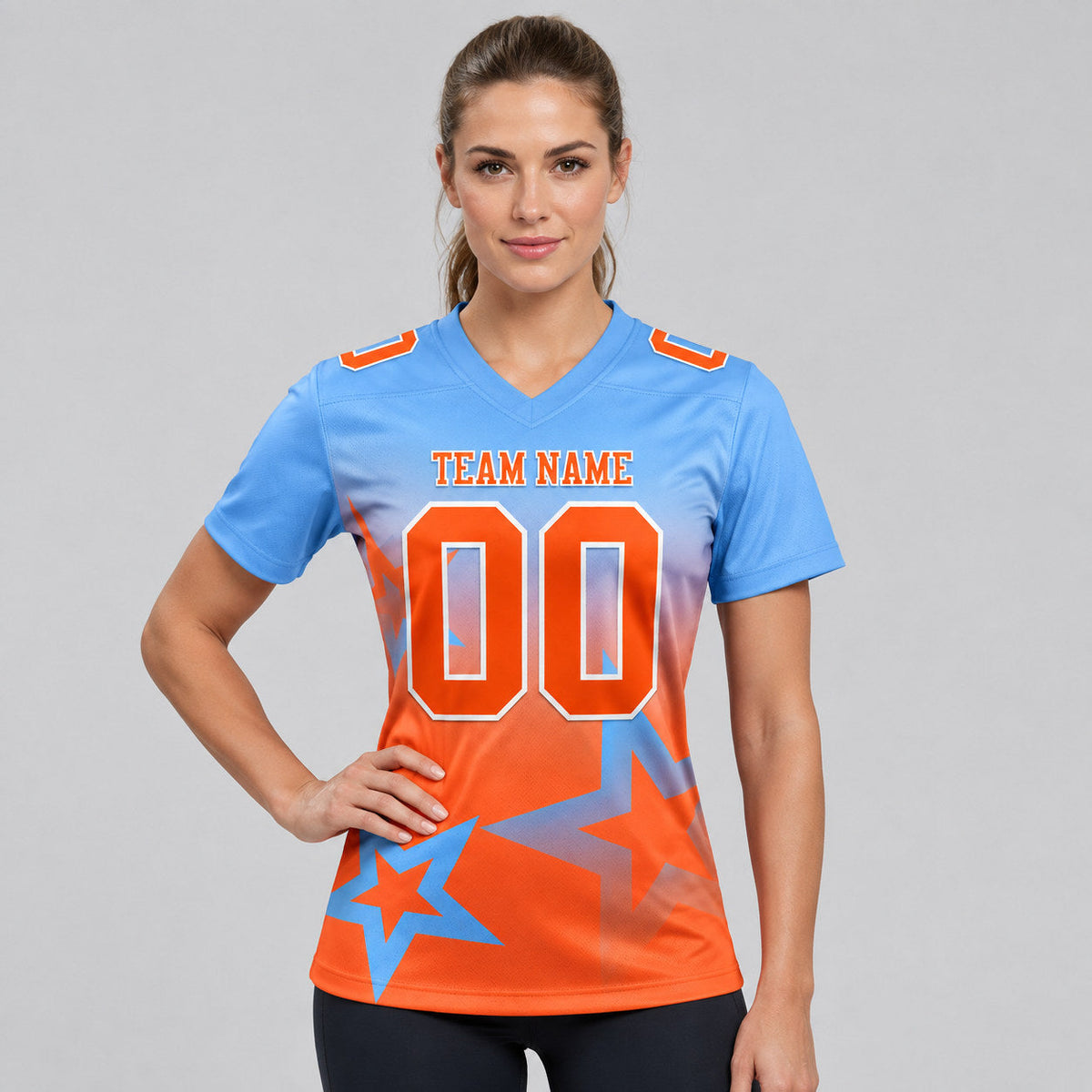 Custom Light Blue Gradient Twinkle Star Authentic Football Jersey with Orange and White Lettering worn by female model