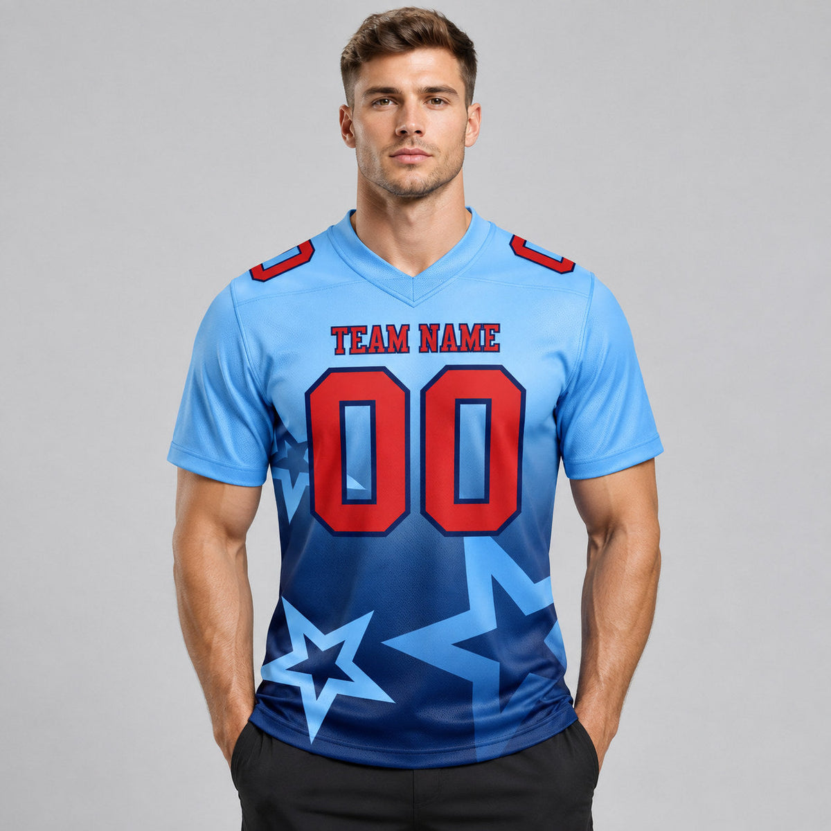 Custom Light Blue Gradient Twinkle Star Authentic Football Jersey with Red and Navy Lettering worn by male model