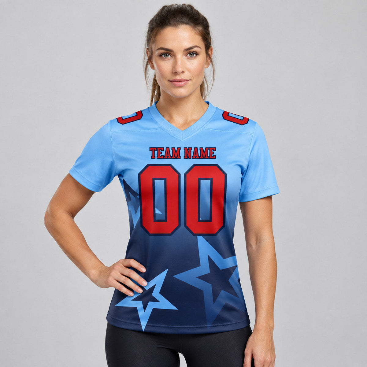 Custom Light Blue Gradient Twinkle Star Authentic Football Jersey with Red and Navy Lettering worn by female model