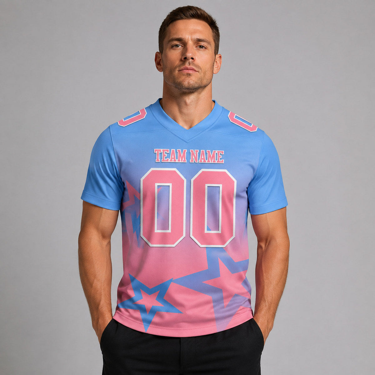 Custom Light Blue Gradient Twinkle Star Football Jersey with Medium Pink and White Lettering worn by male model