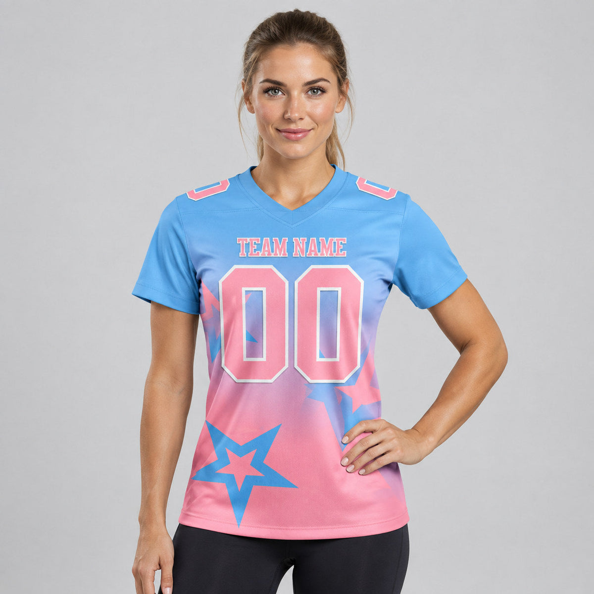 Custom Light Blue Gradient Twinkle Star Football Jersey with Medium Pink and White Lettering worn by female model