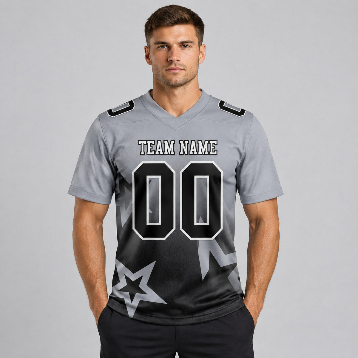 Custom Gray Gradient Twinkle Star Authentic Football Jersey with Black and White Lettering worn by male model