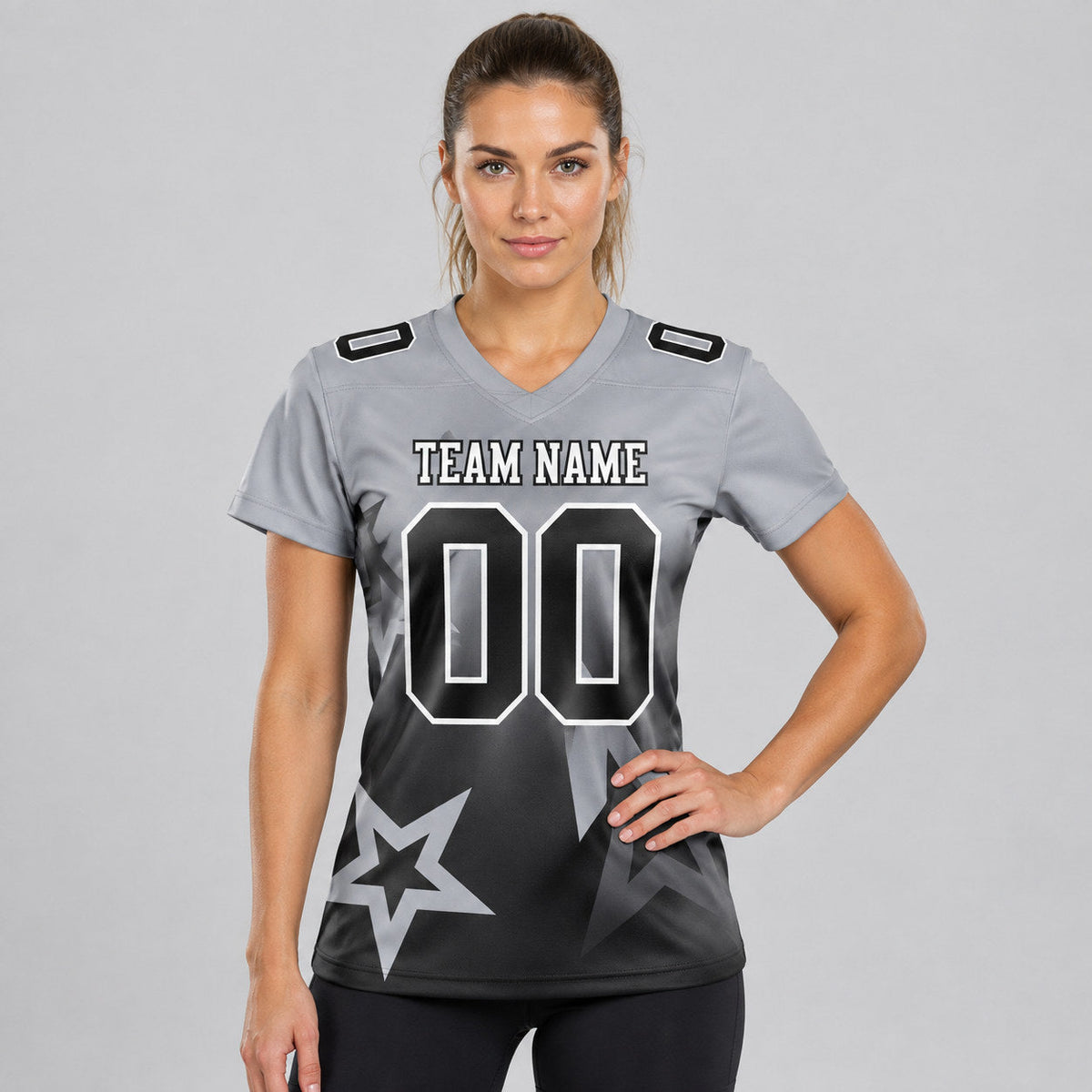 Custom Gray Gradient Twinkle Star Authentic Football Jersey with Black and White Lettering worn by female model