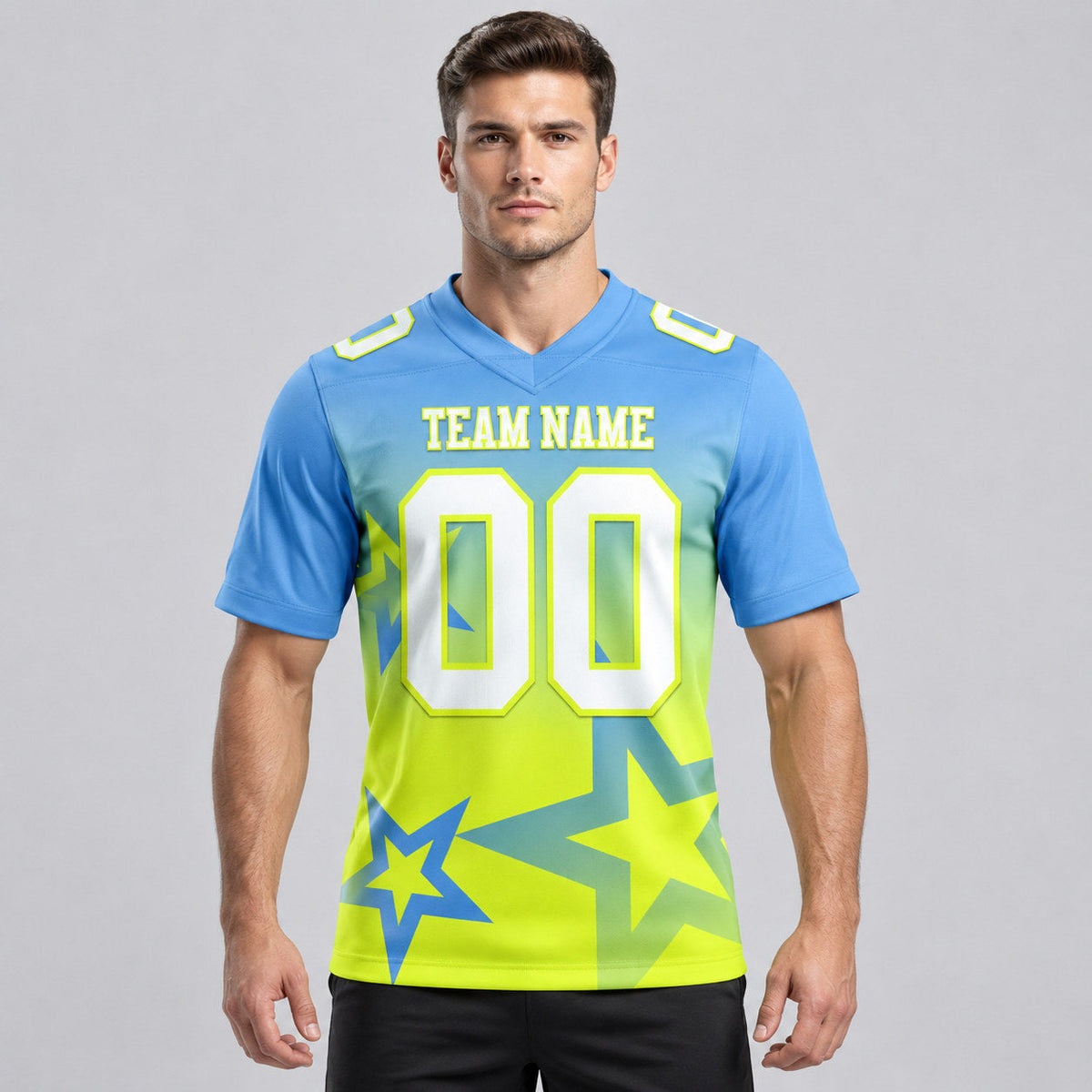 Custom Light Blue Gradient Twinkle Star Football Jersey with White and Neon Yellow Lettering worn by male model