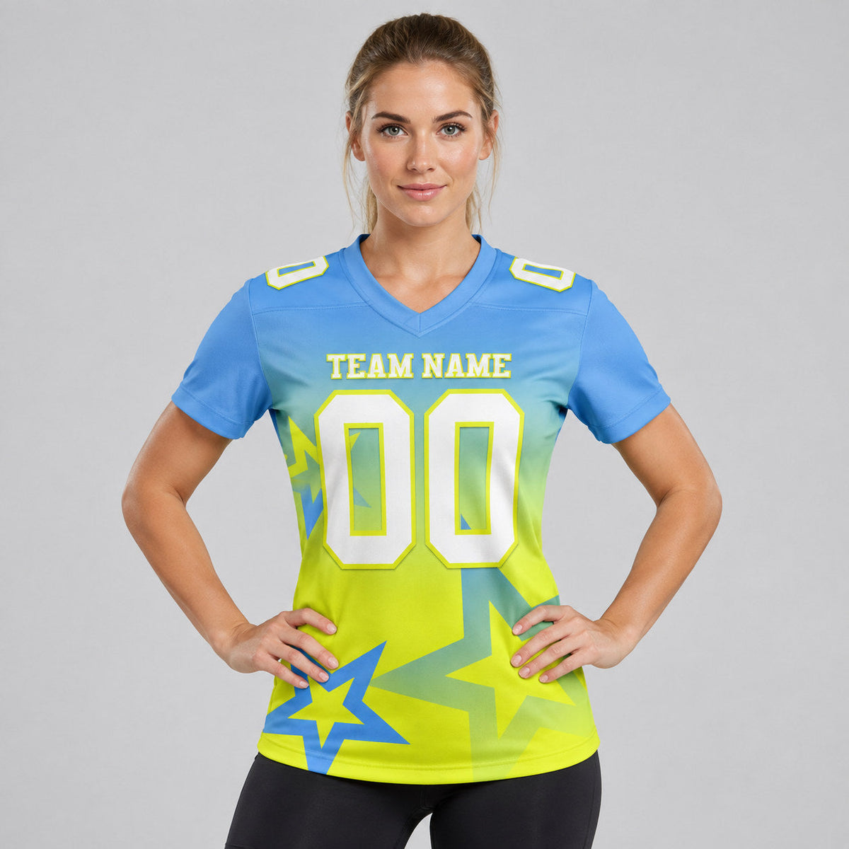 Custom Light Blue Gradient Twinkle Star Football Jersey with White and Neon Yellow Lettering worn by female model