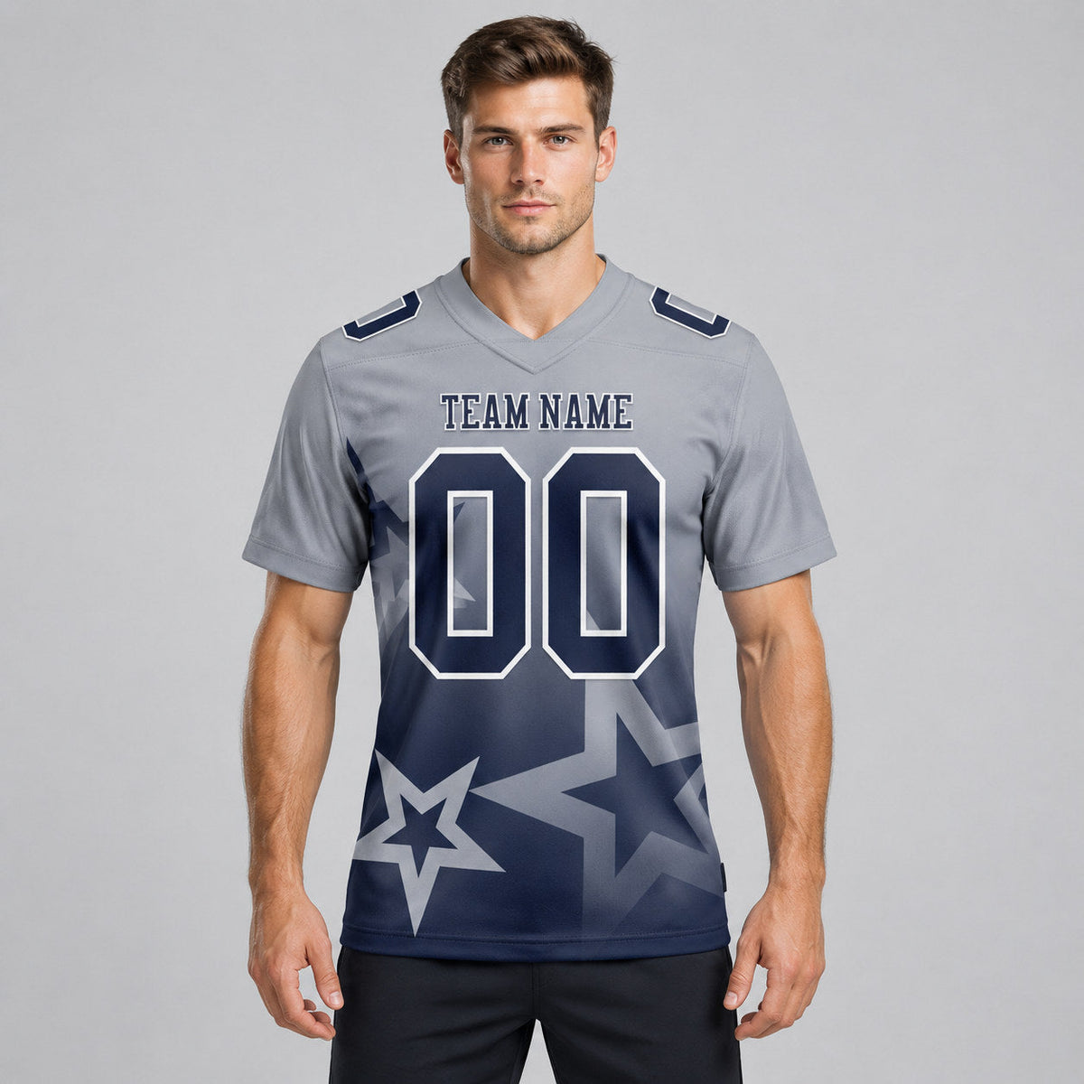 Custom Gray Gradient Twinkle Star Authentic Football Jersey with Navy and White Lettering worn by male model