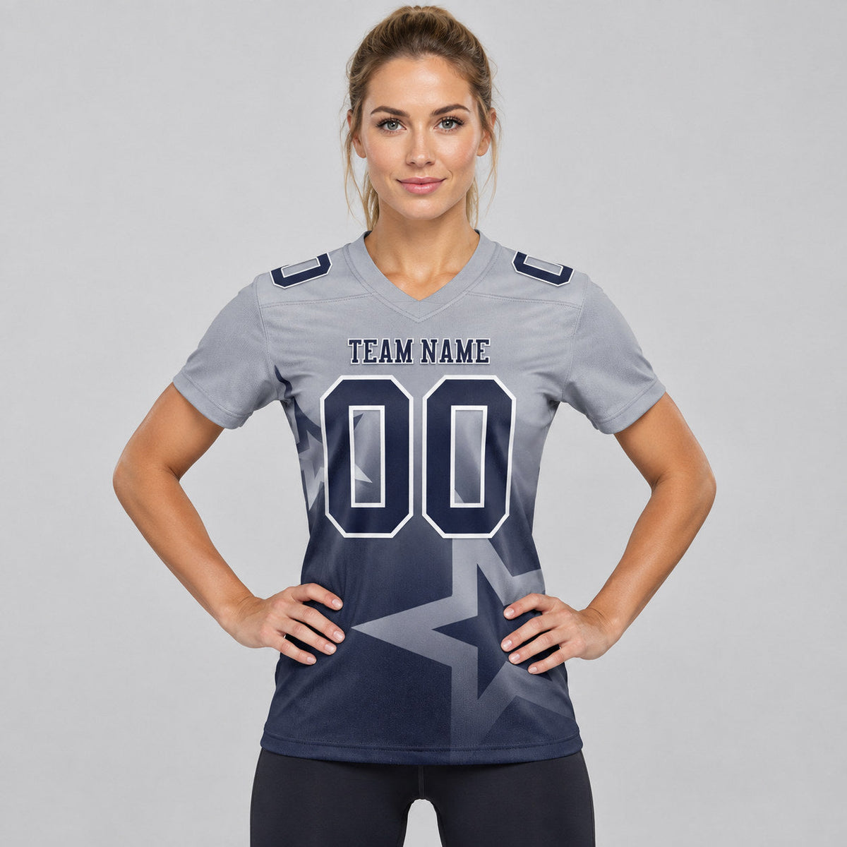 Custom Gray Gradient Twinkle Star Authentic Football Jersey with Navy and White Lettering worn by female model