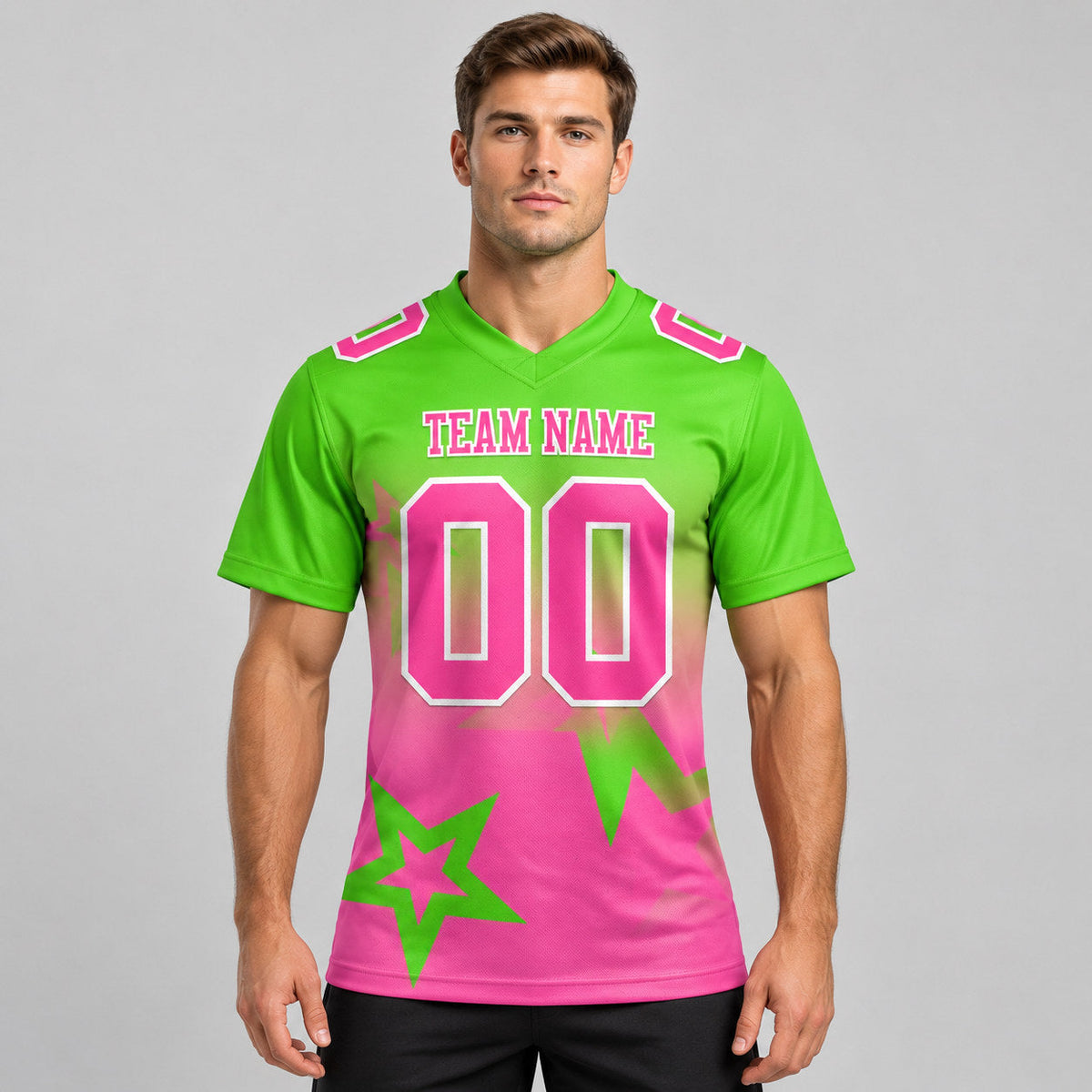 Custom Aurora Green Gradient Twinkle Star Authentic Football Jersey with Pink and White Lettering worn by male model