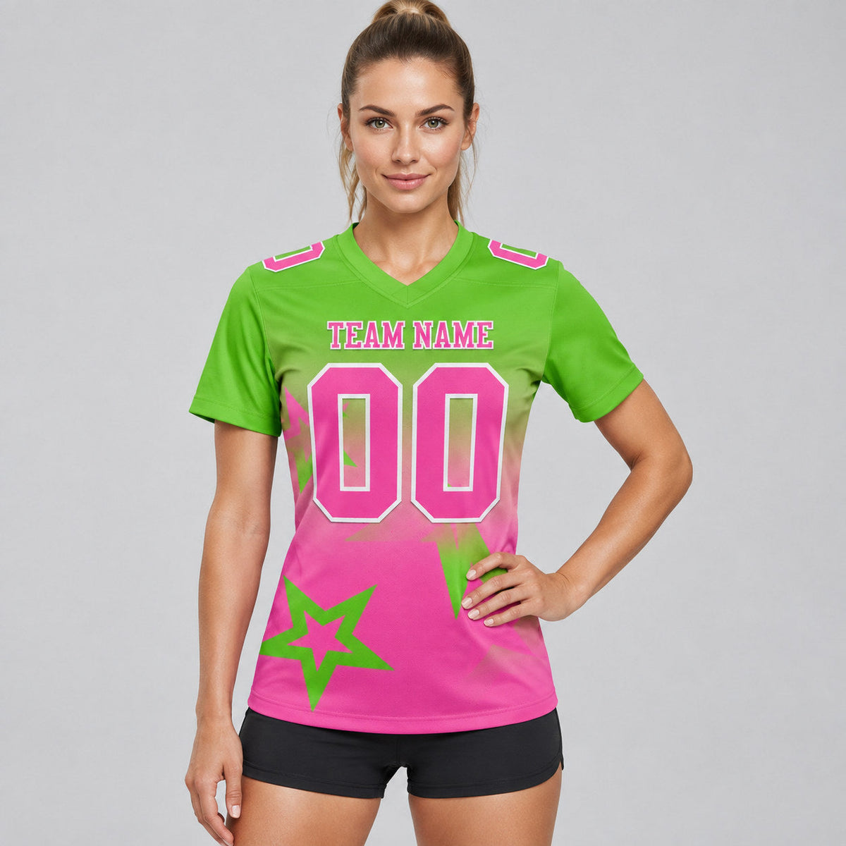 Custom Aurora Green Gradient Twinkle Star Authentic Football Jersey with Pink and White Lettering worn by female model