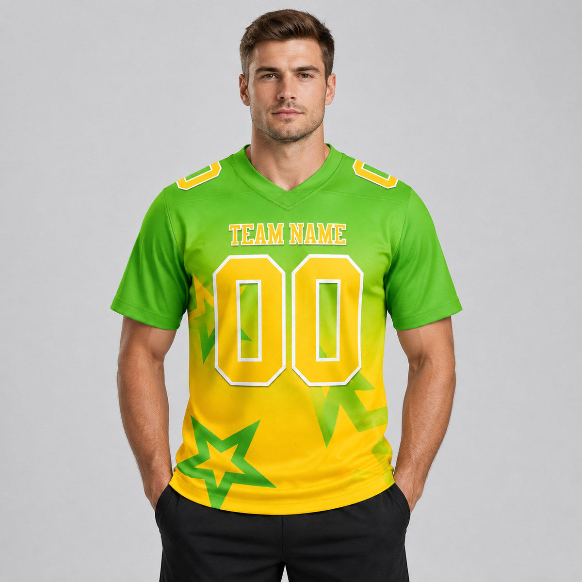 Custom Aurora Green Gradient Twinkle Star Authentic Football Jersey with Yellow and White Lettering worn by male model