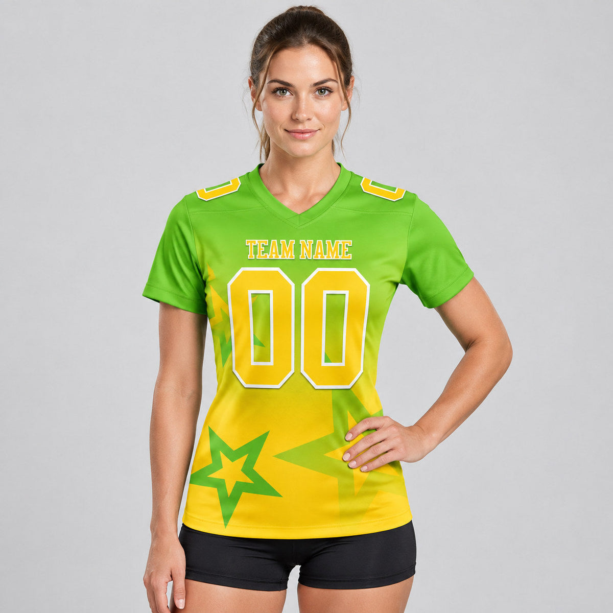 Custom Aurora Green Gradient Twinkle Star Authentic Football Jersey with Yellow and White Lettering worn by female model