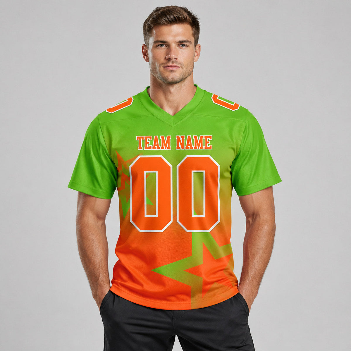 Custom Aurora Green Gradient Twinkle Star Authentic Football Jersey with Orange and White Lettering worn by male model