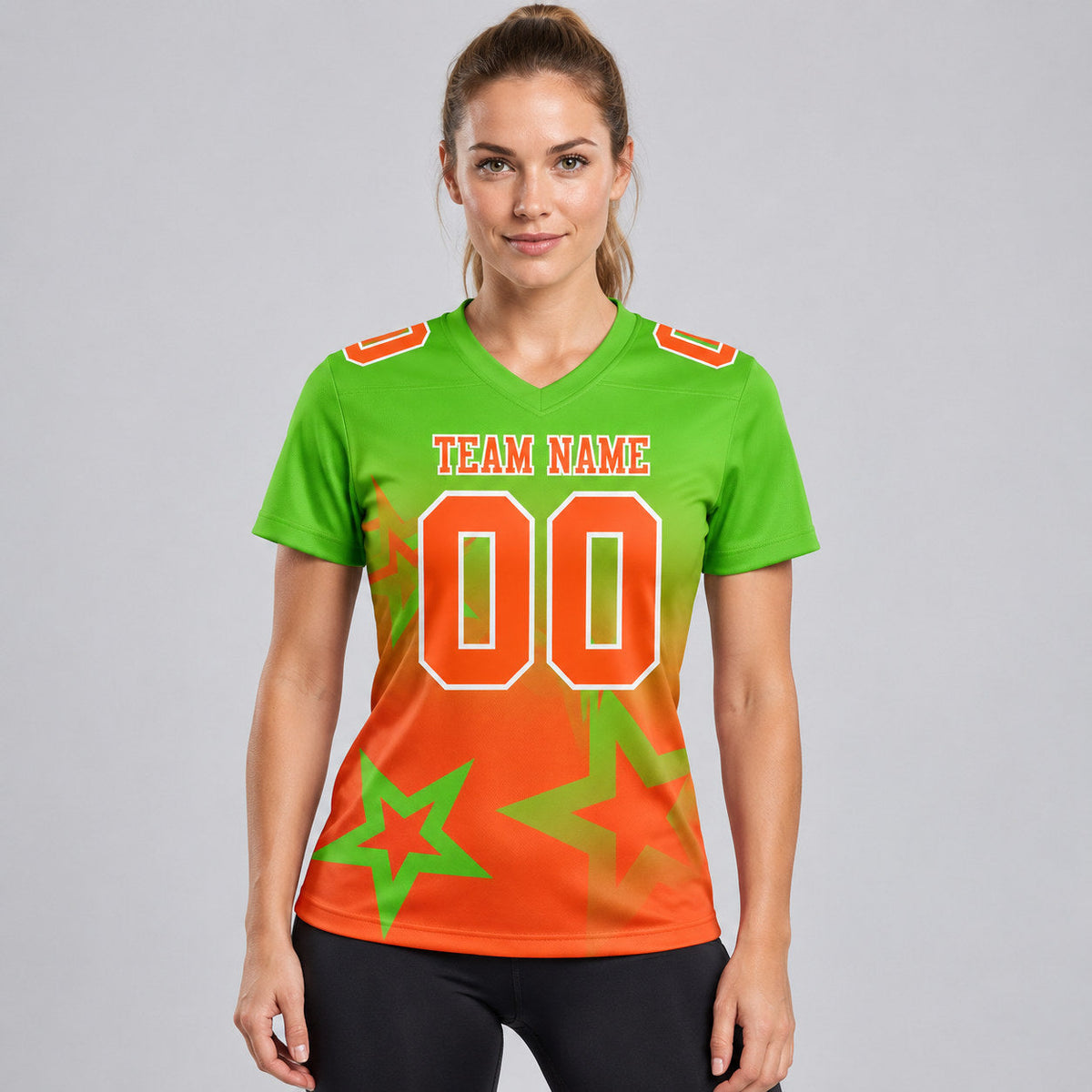 Custom Aurora Green Gradient Twinkle Star Authentic Football Jersey with Orange and White Lettering worn by female model