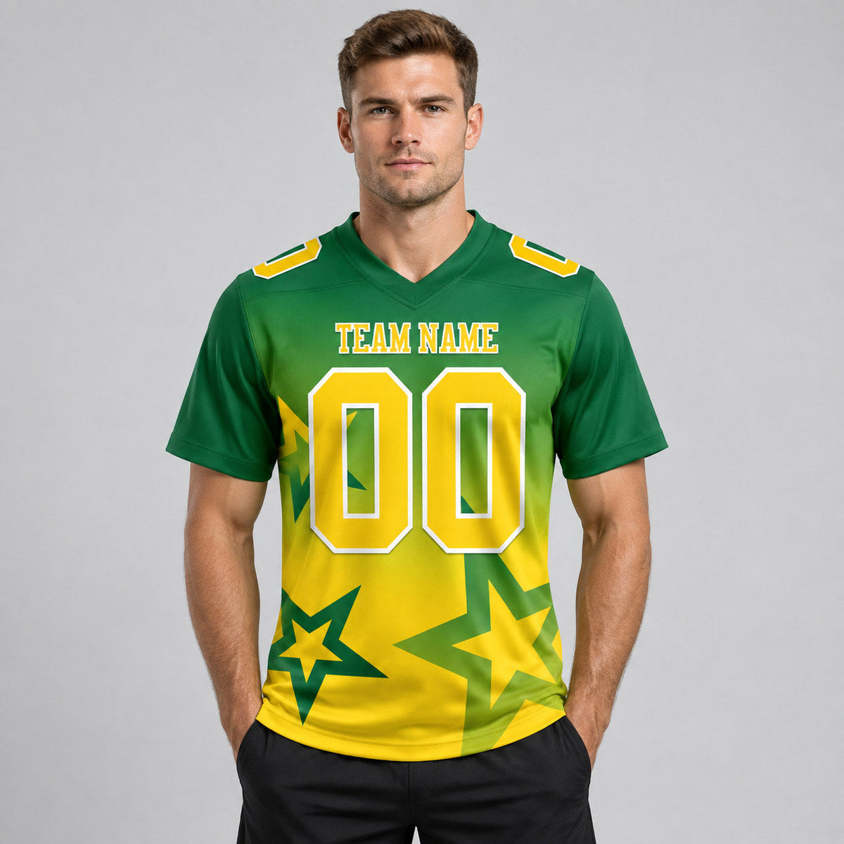 Custom Kelly Green Gradient Twinkle Star Authentic Football Jersey with Yellow and White Lettering worn by male model