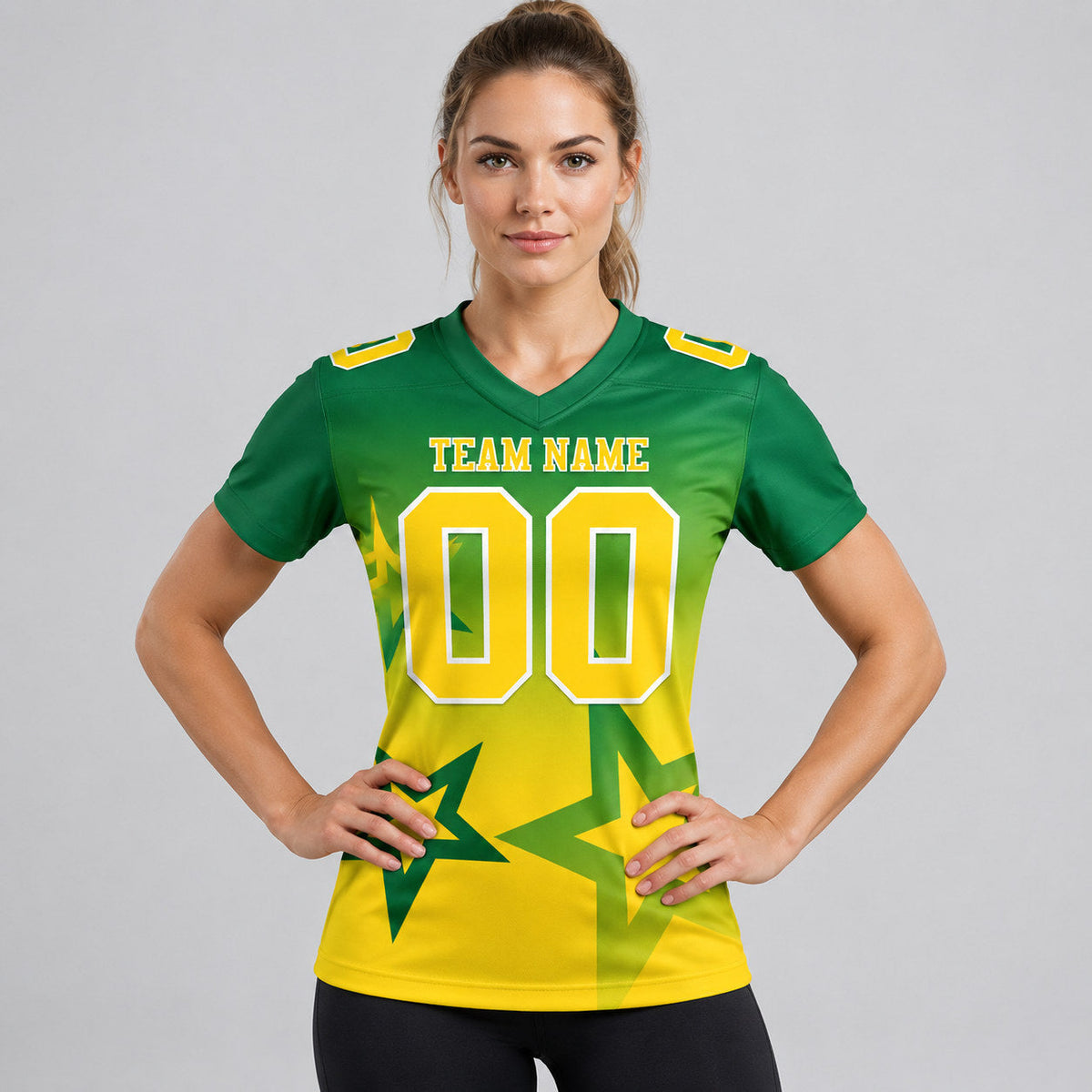 Custom Kelly Green Gradient Twinkle Star Authentic Football Jersey with Yellow and White Lettering worn by female model