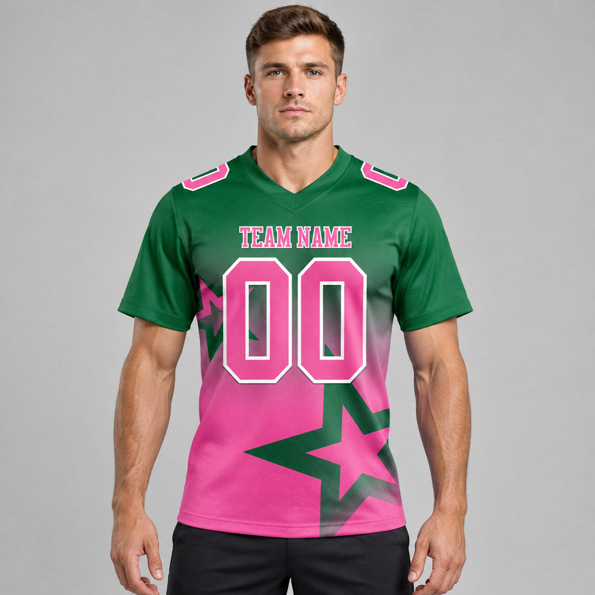 Custom Kelly Green Gradient Twinkle Star Authentic Football Jersey with Pink and White Lettering worn by male model