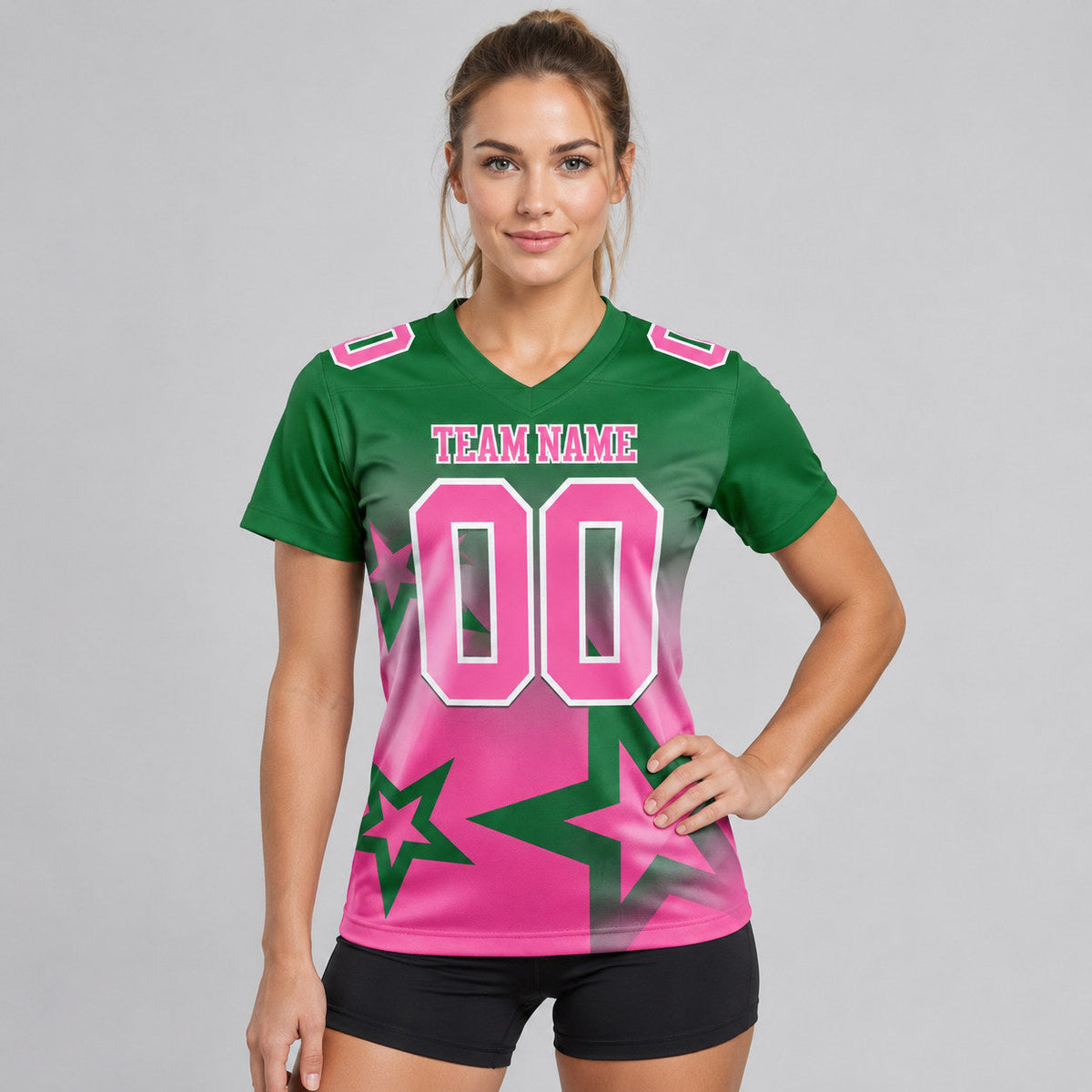 Custom Kelly Green Gradient Twinkle Star Authentic Football Jersey with Pink and White Lettering worn by female model