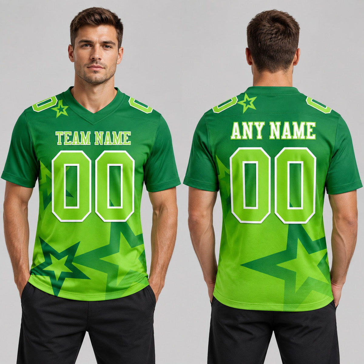 Custom Kelly Green Gradient Twinkle Star Football Jersey with Neon Green and White Lettering worn by male model