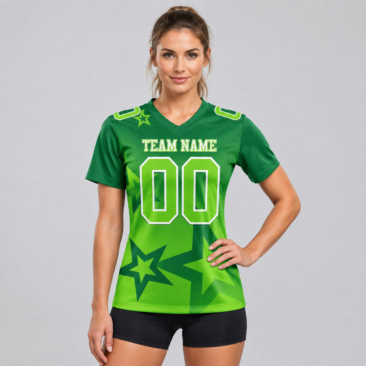 Custom Kelly Green Gradient Twinkle Star Football Jersey with Neon Green and White Lettering worn by female model