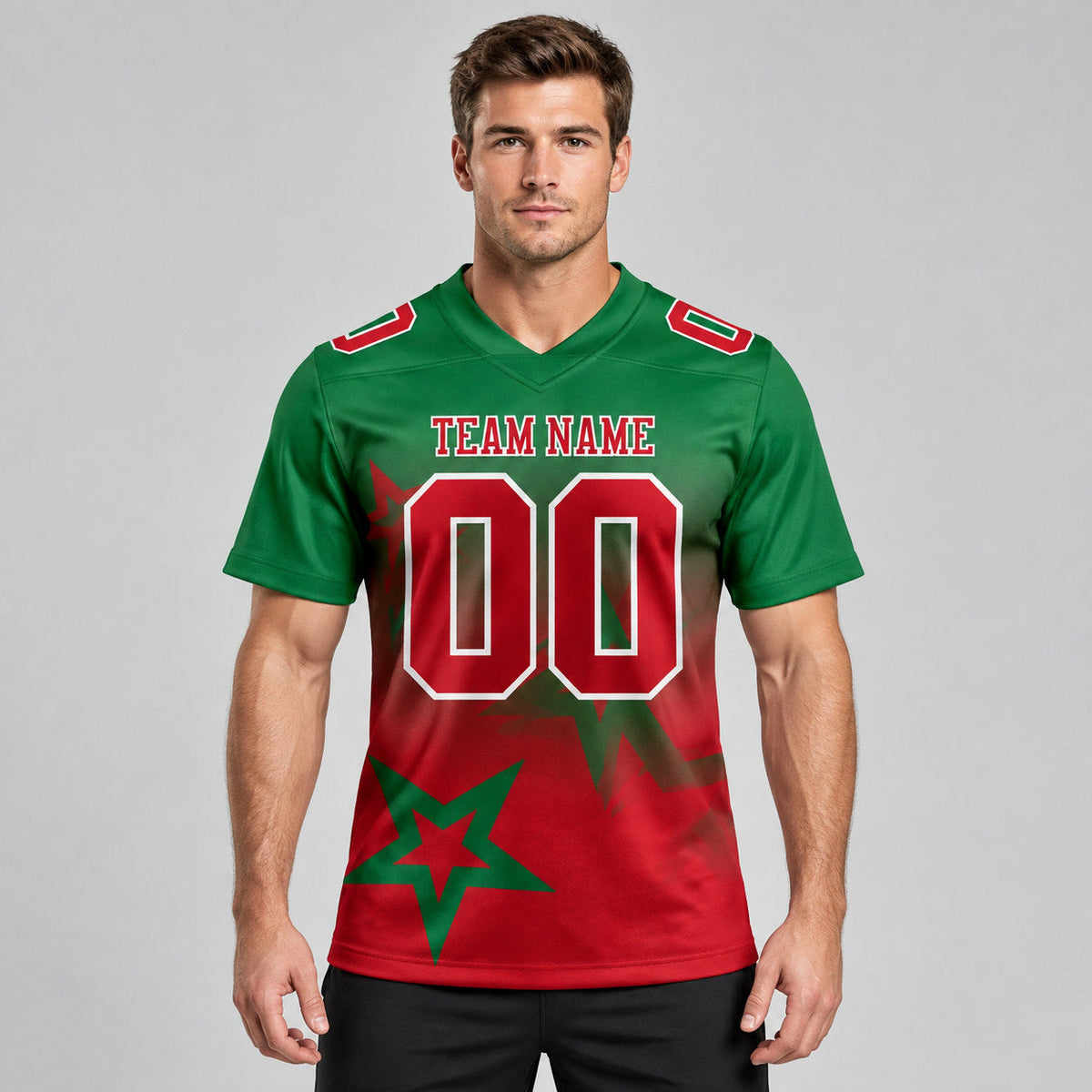 Custom Kelly Green Gradient Twinkle Star Authentic Football Jersey with Red and White Lettering worn by male model
