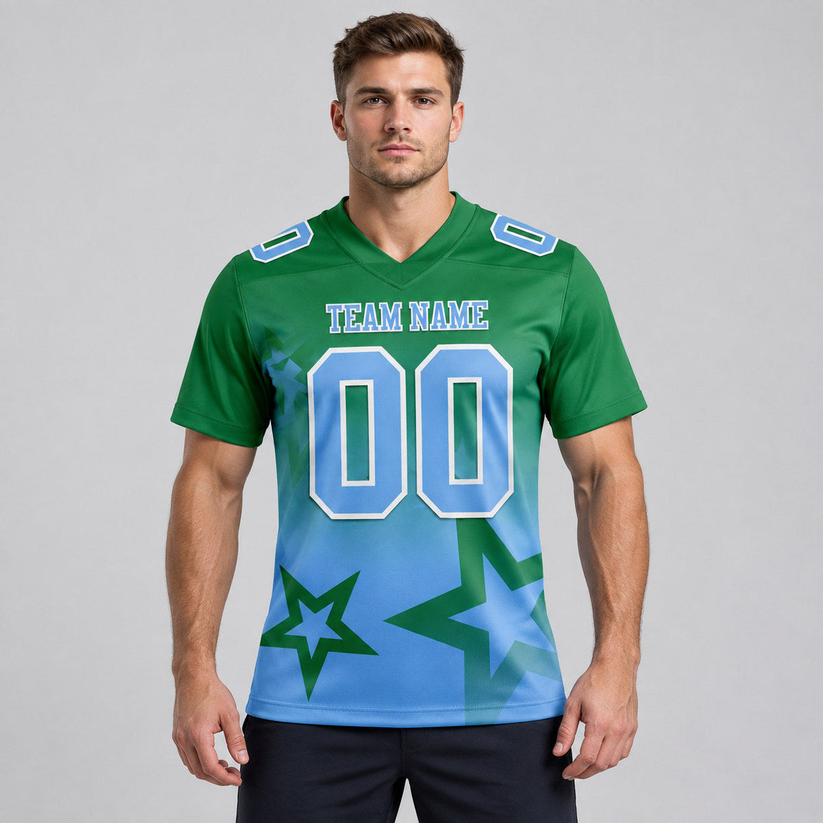 Custom Kelly Green Gradient Twinkle Star Football Jersey with Light Blue and White Lettering worn by male model