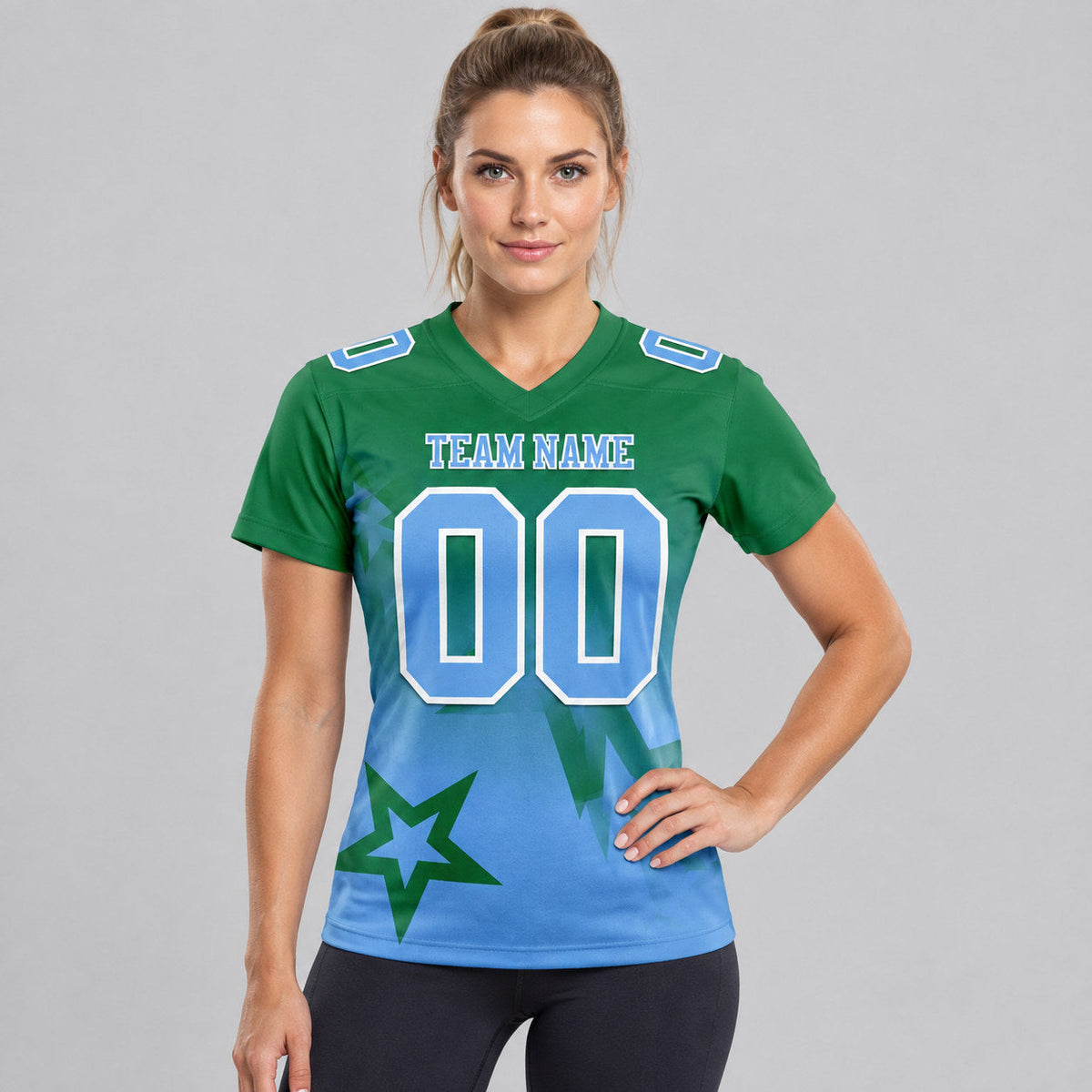 Custom Kelly Green Gradient Twinkle Star Football Jersey with Light Blue and White Lettering worn by female model