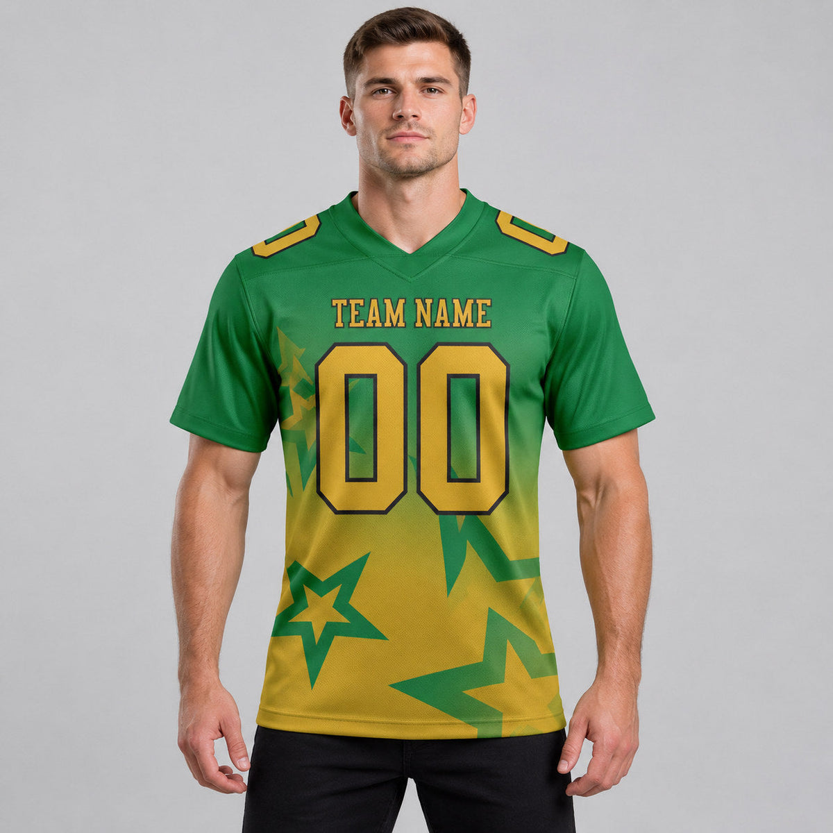 Custom Kelly Green Gradient Twinkle Star Authentic Football Jersey with Old Gold and Black Lettering worn by male model