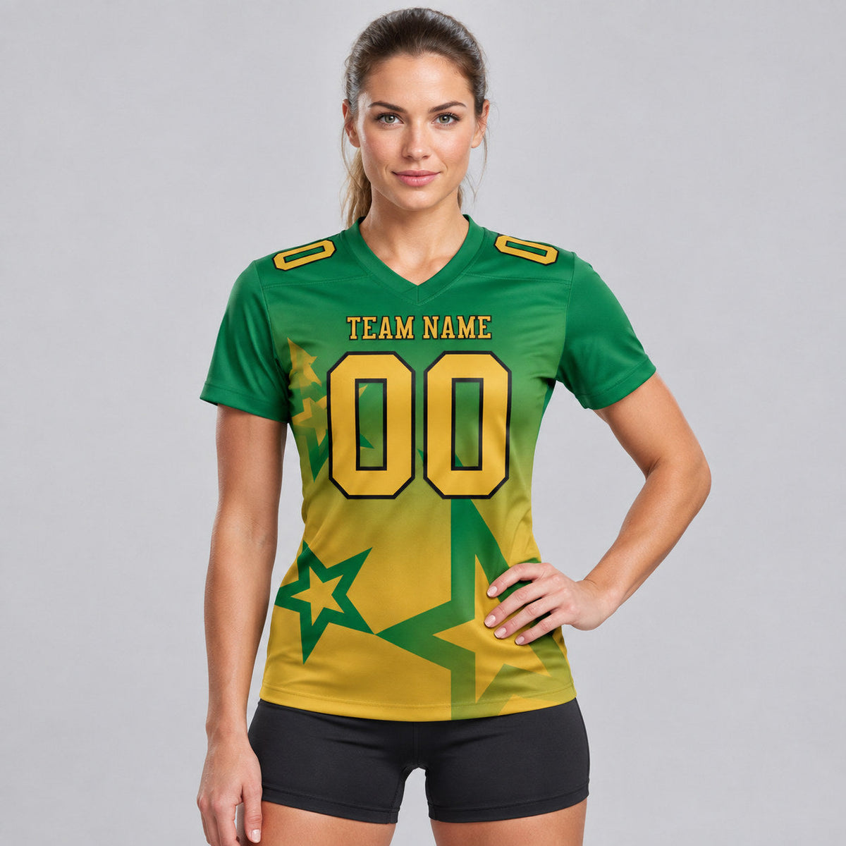 Custom Kelly Green Gradient Twinkle Star Authentic Football Jersey with Old Gold and Black Lettering worn by female model
