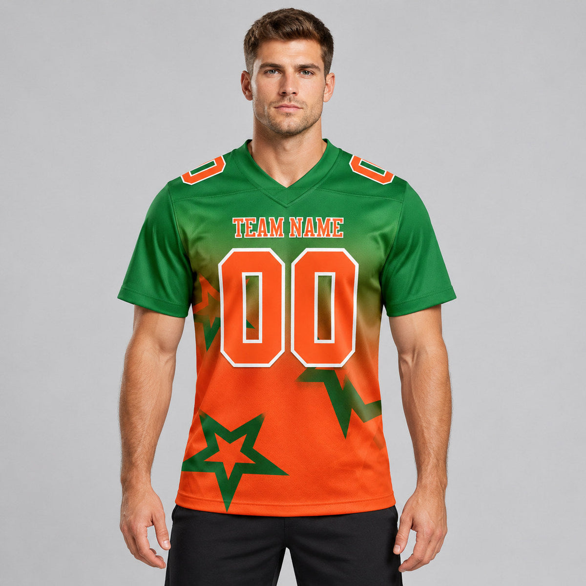 Custom Kelly Green Gradient Twinkle Star Authentic Football Jersey with Orange and White Lettering worn by male model
